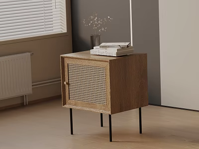 Wooden Bedside Table With Rattan Door Black Legs Stacked Books And Decorative Vase 3d model