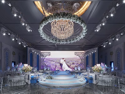 Luxurious Wedding Banquet Hall With Floral Chandelier And Couple Backdrop Decor 3d model