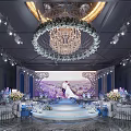 Luxurious Wedding Banquet Hall With Floral Chandelier And Couple Backdrop Decor