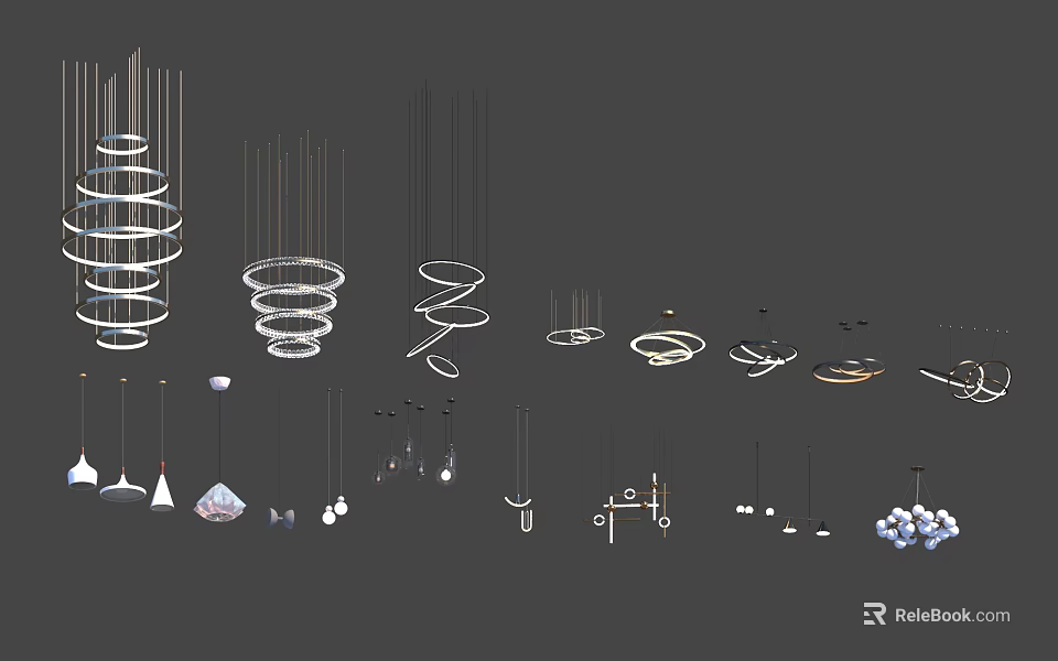 Modern Stylish Chandeliers With Spiral Circular And Various Hanging Designs For Interior 3d model 