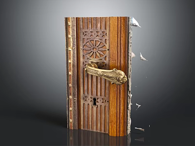 Antique Brass Door Handle With Ornate Design On Carved Wooden Door Panel 3d model
