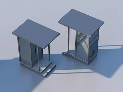 Two Gray Bus Shelters With Simple Roof Pillars And Steps Design 3d model