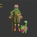 Man in Green Outfit With Helmet Goggles Cane Brown Bag and Corgi With Ice Cream