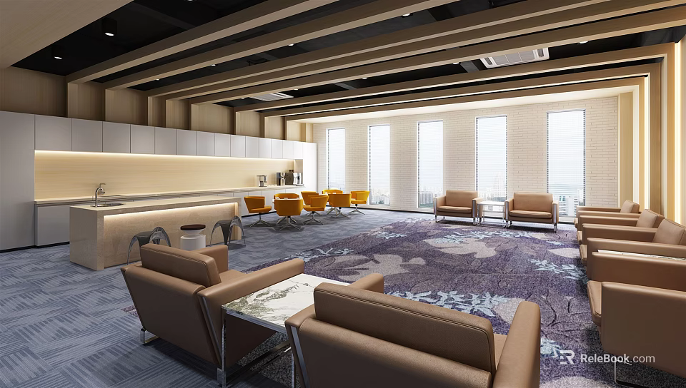 Modern Hotel Public Lounge With Comfortable Sofas Coffee Tables Large Windows And Patterned Carpet 3d model