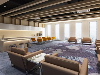 Modern Hotel Public Lounge With Comfortable Sofas Coffee Tables Large Windows And Patterned Carpet 3d model