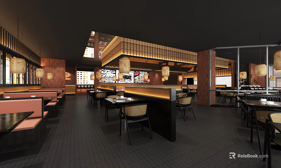 Modern Hot Pot Restaurant Interior With Wooden Decor Hanging Lanterns And Open Counter 3d model 