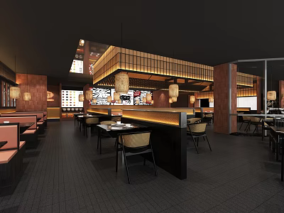 Modern Hot Pot Restaurant Interior With Wooden Decor Hanging Lanterns And Open Counter 3d model