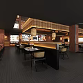 Modern Hot Pot Restaurant Interior With Wooden Decor Hanging Lanterns And Open Counter