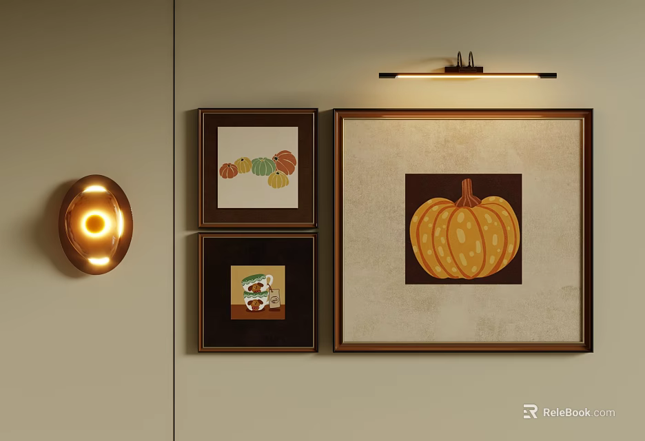 Abstract Painting Decorative Art Hanging On Wall With Pumpkin Design And Frames 3d model 