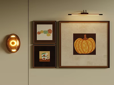 Abstract Painting Decorative Art Hanging On Wall With Pumpkin Design And Frames 3d model
