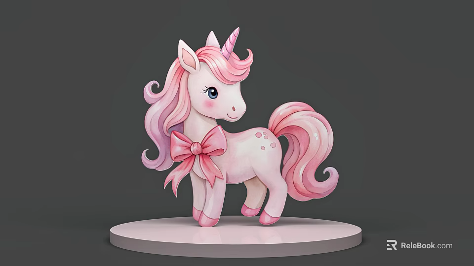 Cute Pink And White Unicorn Figurine With Curly Mane Tail And Bow On White Base 3d model 