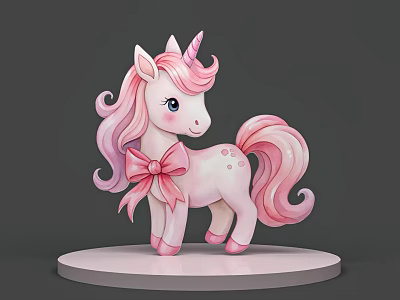 Cute Pink And White Unicorn Figurine With Curly Mane Tail And Bow On White Base 3d model