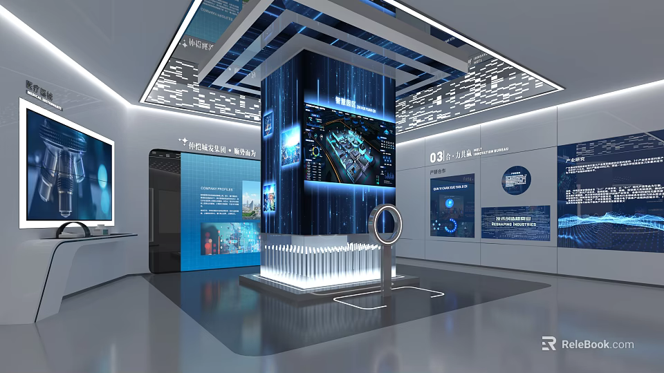 Tech Savvy Modern Exhibition Hall With Blue Display Screens Interactive Installations And Information Charts 3d model 