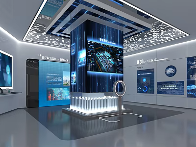 Tech Savvy Modern Exhibition Hall With Blue Display Screens Interactive Installations And Information Charts 3d model