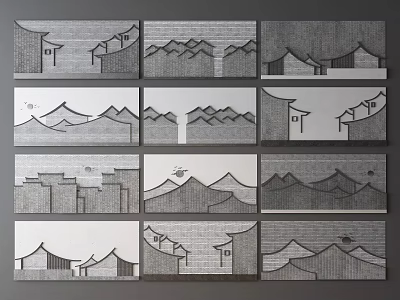 Chinese Style Background Wall With Traditional Roof And Mountain Line Art 3d model