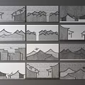 Chinese Style Background Wall With Traditional Roof And Mountain Line Art