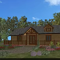 Wooden Cabin with Gray Roof Front Porch and Driveway Surrounded by Trees and Colorful Flowers