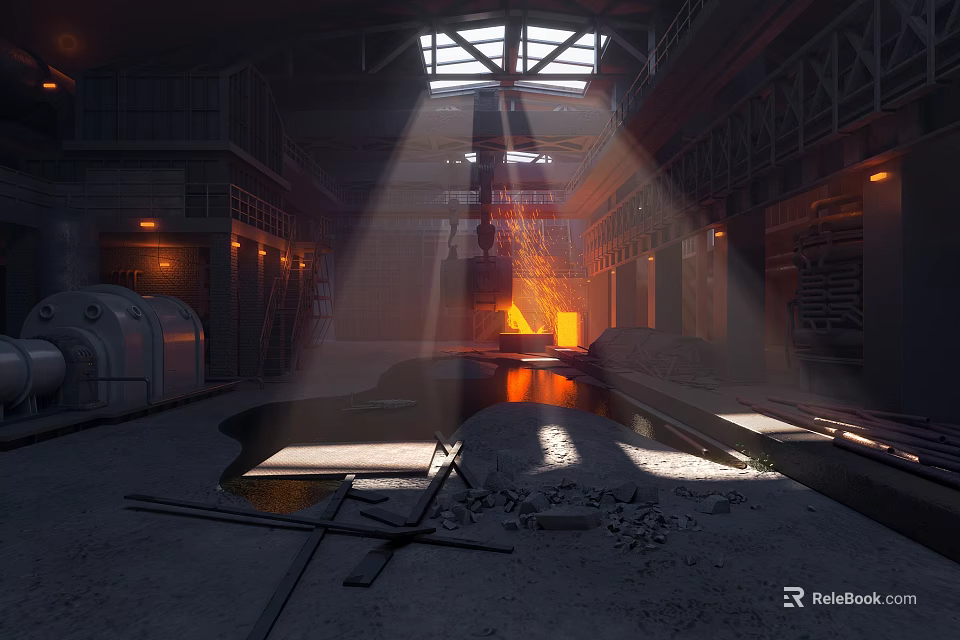 Industrial Factory Spacious Interior With Skylight Lighting Waterlogged Ground Large Machinery And Distant Hot Area 3d model 