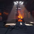 Industrial Factory Spacious Interior With Skylight Lighting Waterlogged Ground Large Machinery And Distant Hot Area