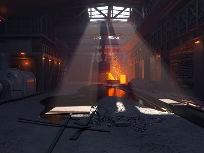 Industrial Factory Spacious Interior With Skylight Lighting Waterlogged Ground Large Machinery And Distant Hot Area 3d model