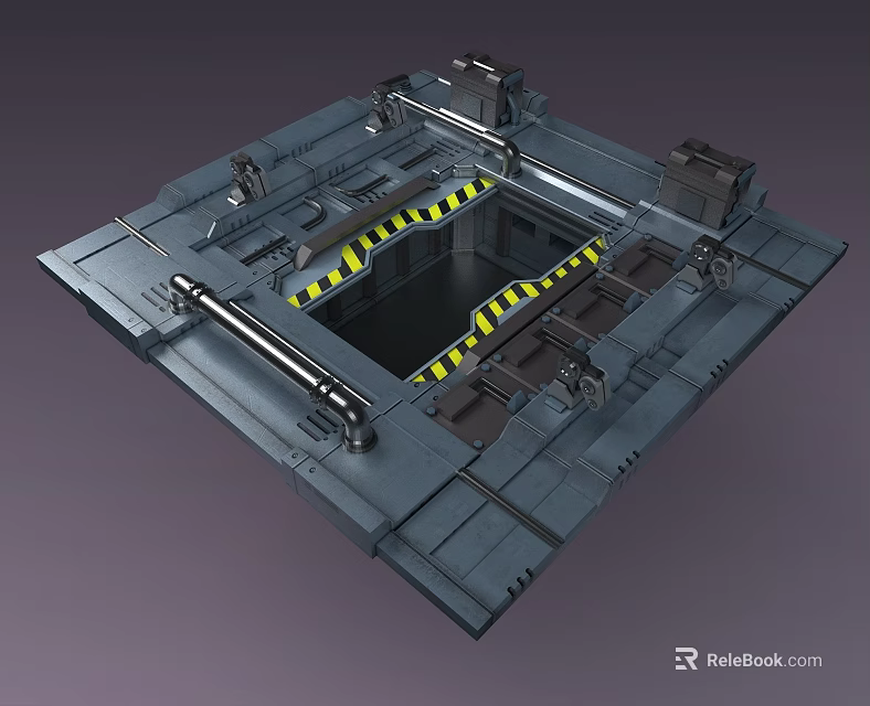 Square Industrial Metal Platform Structure With Yellow Black Warning Stripes And Mechanical Frames 3d model 