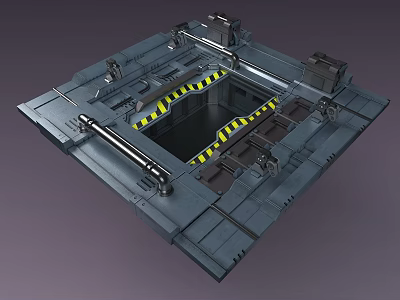 Square Industrial Metal Platform Structure With Yellow Black Warning Stripes And Mechanical Frames 3d model