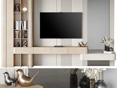 Modern TV Background Wall Design With Wooden Cabinet Striped Wall And Decorative Ornaments 3d model