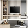 Modern TV Background Wall Design With Wooden Cabinet Striped Wall And Decorative Ornaments