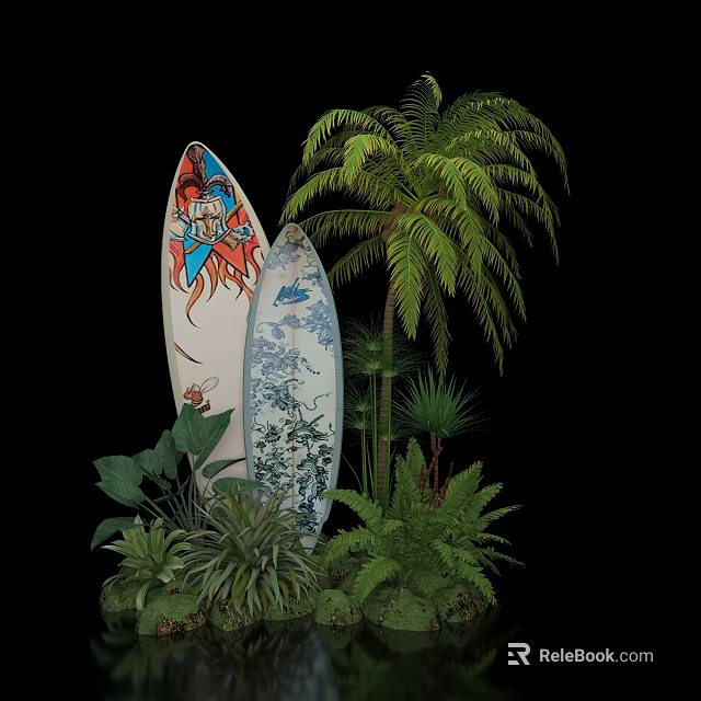 Photo Spot With Colorful Surfboards Blue Pattern And Green Palm Plants 3d model 