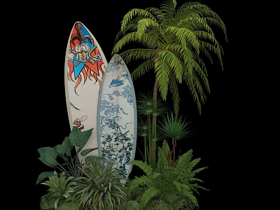 Photo Spot With Colorful Surfboards Blue Pattern And Green Palm Plants 3d model