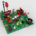 Building Blocks Diorama Featuring Green Base Red Lantern Cactus Flowers Barrel Pot Chair And Table