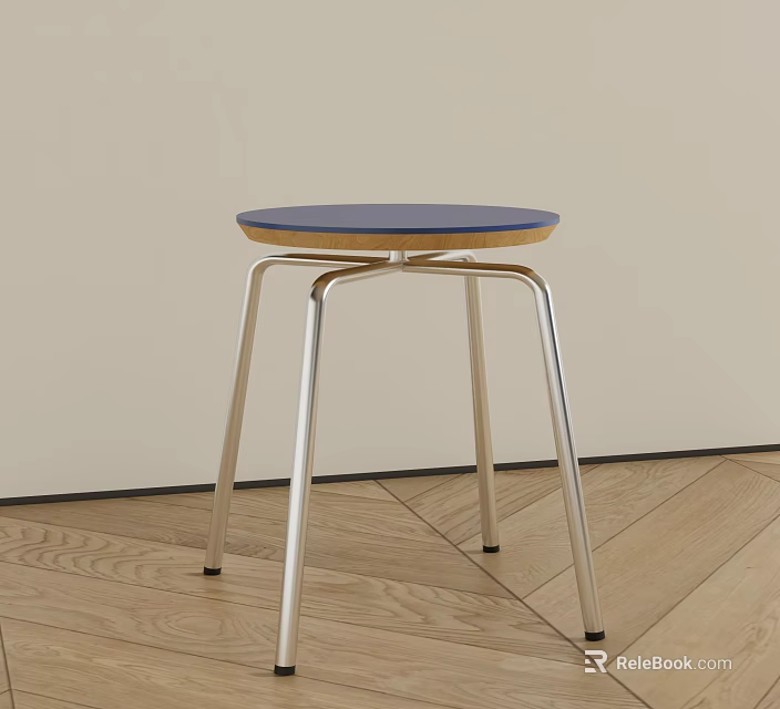Modern Minimalist Stool With Blue Round Seat And Silver Metal Cross Legs On Wooden Floor 3d model 