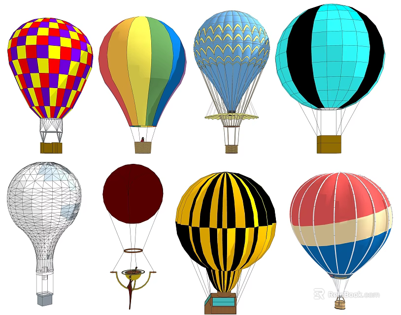 Colorful Hot Air Balloons With Various Patterns As Recreational Equipment Designs 3d model 