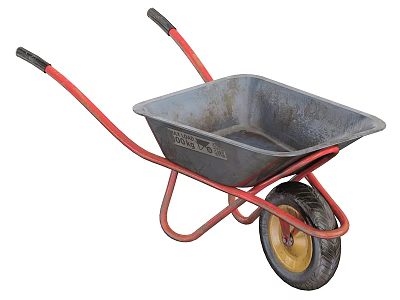 Red Frame Wheelbarrow With Gray Bucket Black Tire And Yellow Hub 3d model
