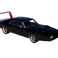 Classic Black Muscle Car With Red Rear Spoiler And Vintage Design Features