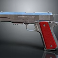 Classic Semi Automatic Pistol With Red Grip And Blue Barrel Metal Design