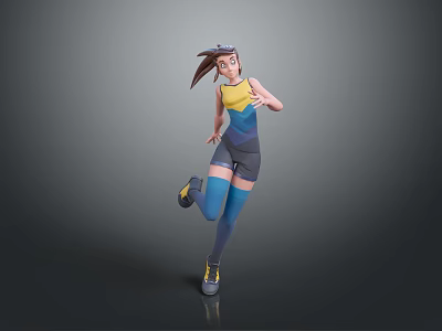 Active Woman Running In Blue Yellow And Gray Sportswear With Ponytail On Gray Background 3d model