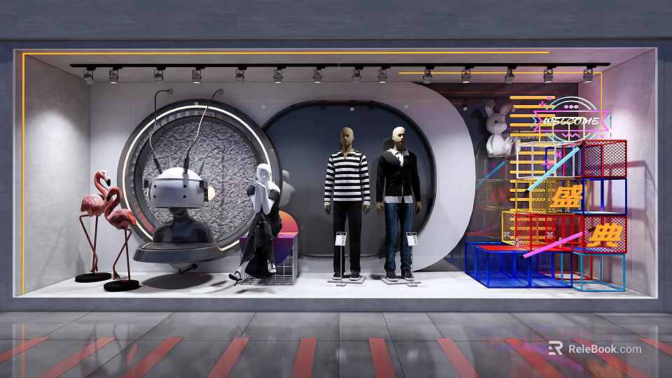 Modern Window Display Featuring Mannequins Striped Shirt Black Top Robot Head Flamingo Decor Neon Lights 3d model 