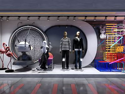 Modern Window Display Featuring Mannequins Striped Shirt Black Top Robot Head Flamingo Decor Neon Lights 3d model