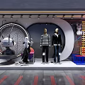 Modern Window Display Featuring Mannequins Striped Shirt Black Top Robot Head Flamingo Decor Neon Lights