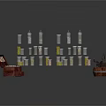 Wooden Chest With Small White Items And Silver Gold Cylindrical Cans Near Decorative Wooden Barrel