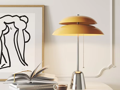 Modern Table Lamp With Yellow Two Tiered Shade Silver Metal Base Open Book Coffee Cup 3d model