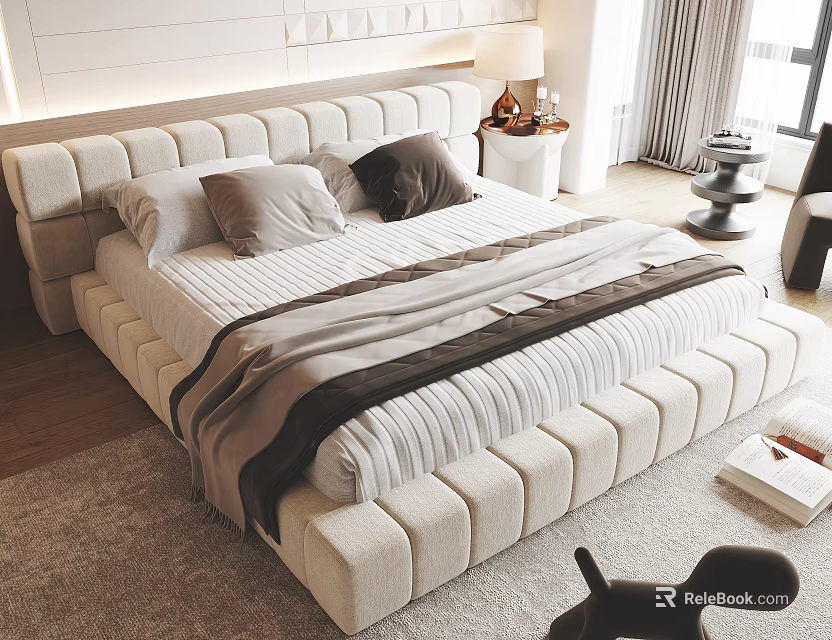 Upholstered Double Bed with White Grey Pillows Striped Bedspread Nightstand Table Lamp in Modern Bedroom 3d model 