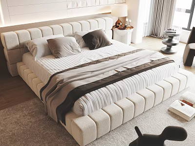 Upholstered Double Bed with White Grey Pillows Striped Bedspread Nightstand Table Lamp in Modern Bedroom 3d model