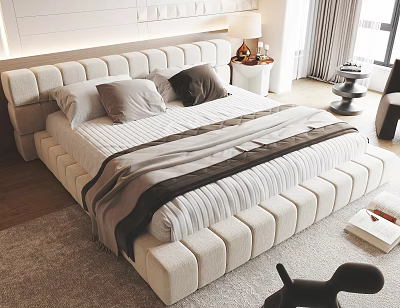 Upholstered Double Bed with White Grey Pillows Striped Bedspread Nightstand Table Lamp in Modern Bedroom 3d model