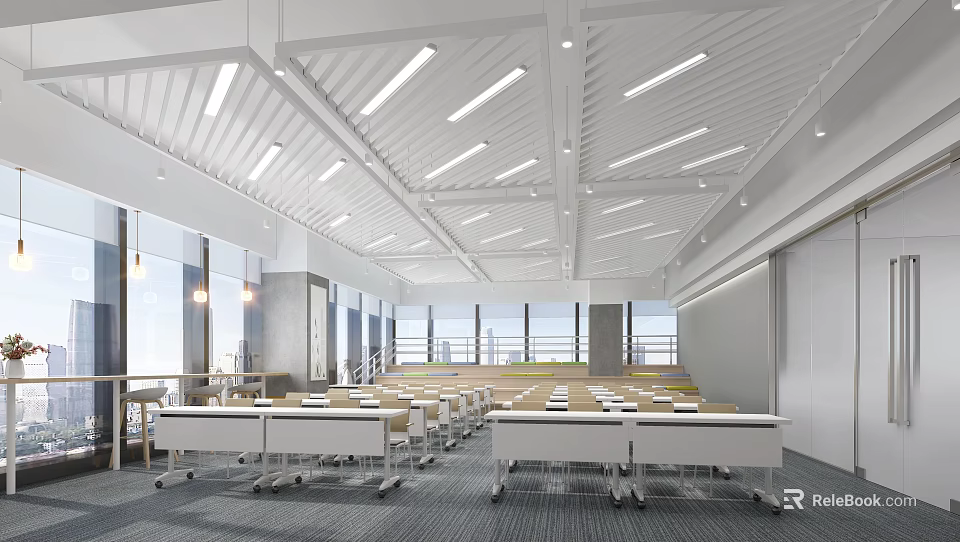 Modern Conference Room Interior With Long Tables Multiple Seats Large Windows And Ceiling Lights 3d model