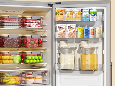 Organized Refrigerator Interior With Food Storage Containers Fresh Fruits Vegetables Cereals And Grains 3d model