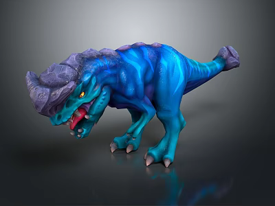 Fierce Blue Dinosaur Game Movie Character With Purple Horns And Sharp Teeth 3d model