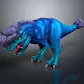 Fierce Blue Dinosaur Game Movie Character With Purple Horns And Sharp Teeth