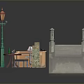 Modern Urban Scene Featuring Pink Railings Bridge Green Street Lamp Piano And Table